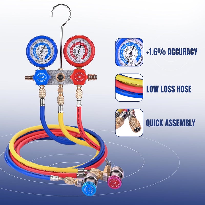 BACOENG AC Gauge Set for R32 R134a R410a R12, Automotive A/C Refrigerant Recharge Kit HVAC Manifold Gauge Set with 5FT Hoses, Quick Couplers, Puncture and Self Sealing Can Tap - Image 2